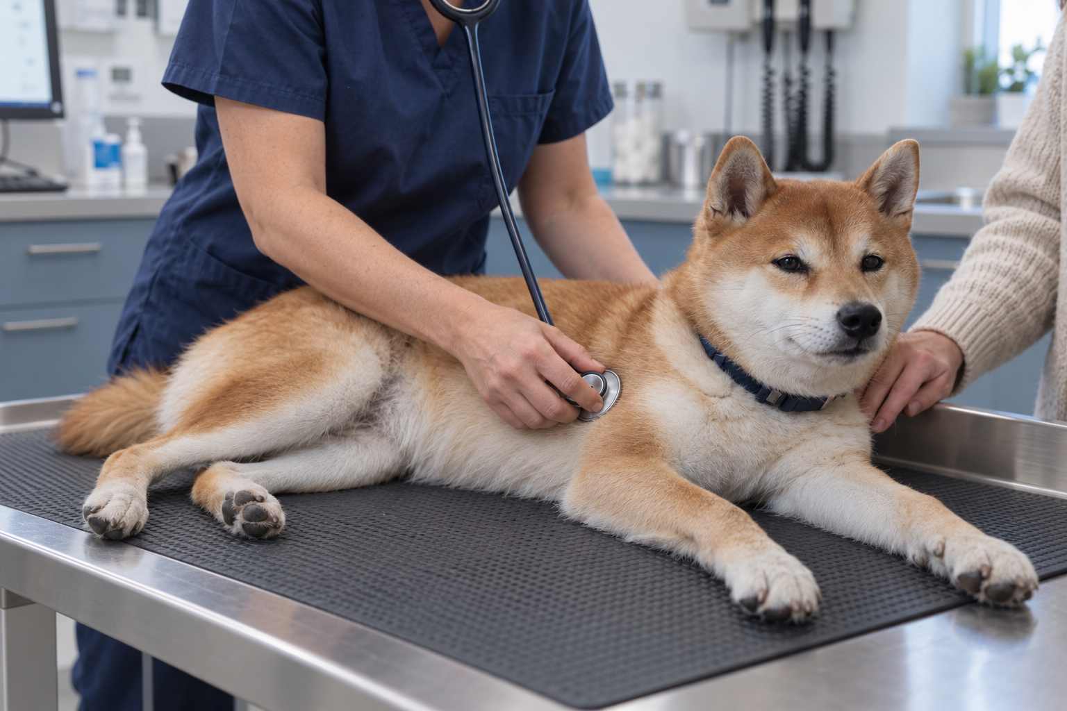 Veterinárka počúva hrudník ležiaceho shiba inu fonendoskopom